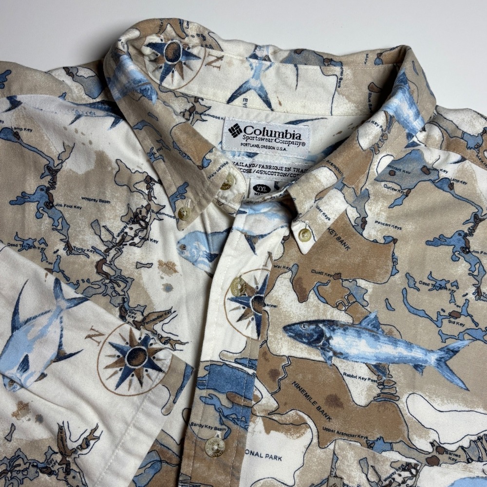 Vintage Columbia Fishing Shirt Men XXL Tan Button Up Camp Florida Keys‎  Shirt
